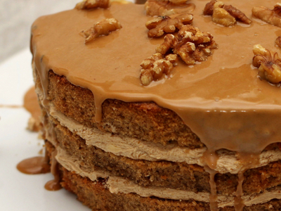 Coffee Walnut Layer Cake with Caramel Drizzle